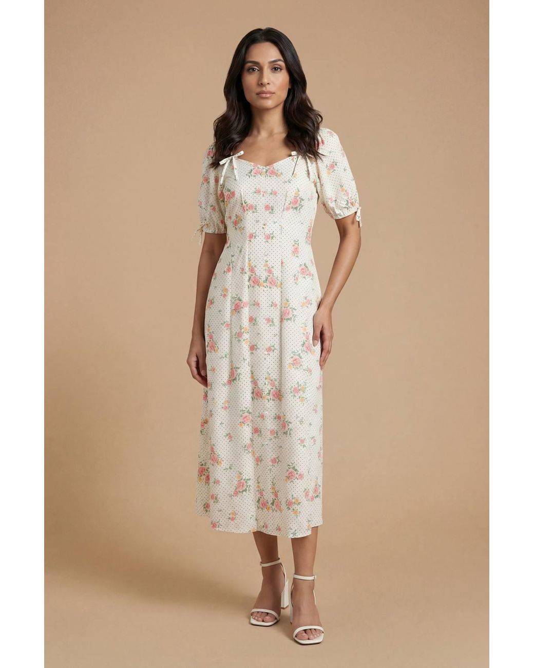 Dorothy Perkins Natural Pleat Button Detail Puff Sleeve Midi Dress