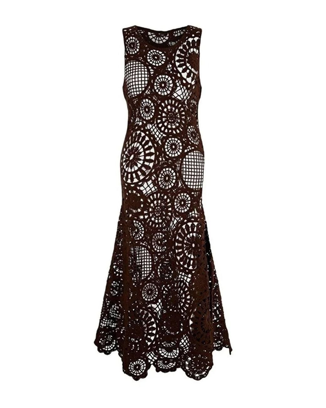WOVCOR Brown Knitted Maxi Beach Dress W/ Sheer Crochet Detail