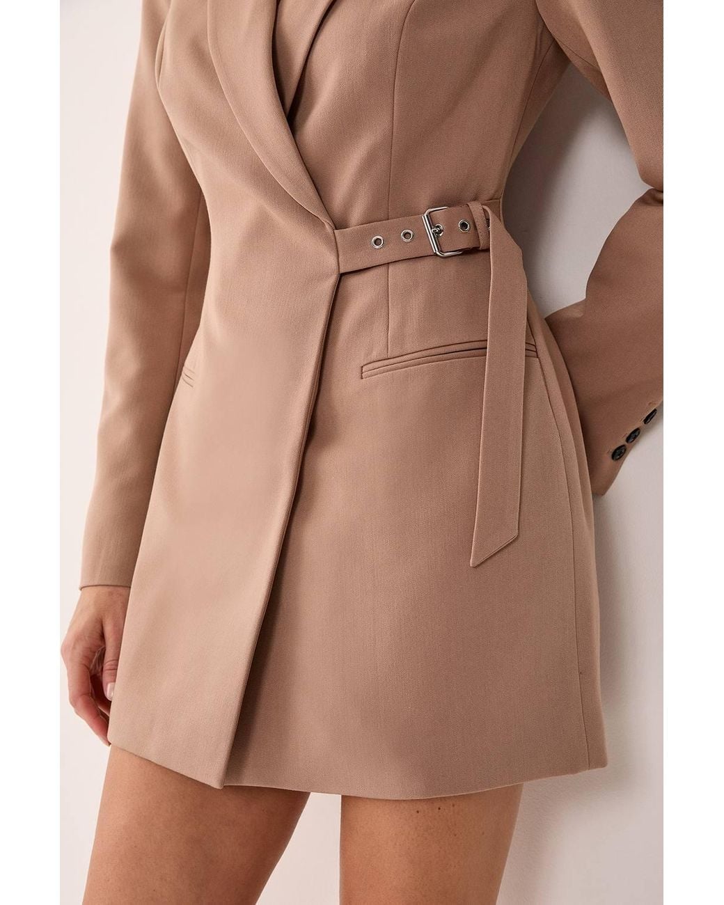 Nasty Gal Brown Tailored Belted Shoulder Pad Blazer Dress