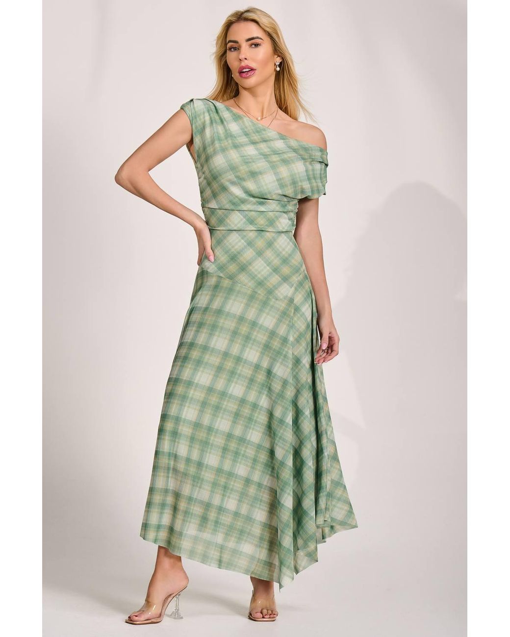 Jolie Moi Green Asymmetric Draped Mesh Maxi Dress