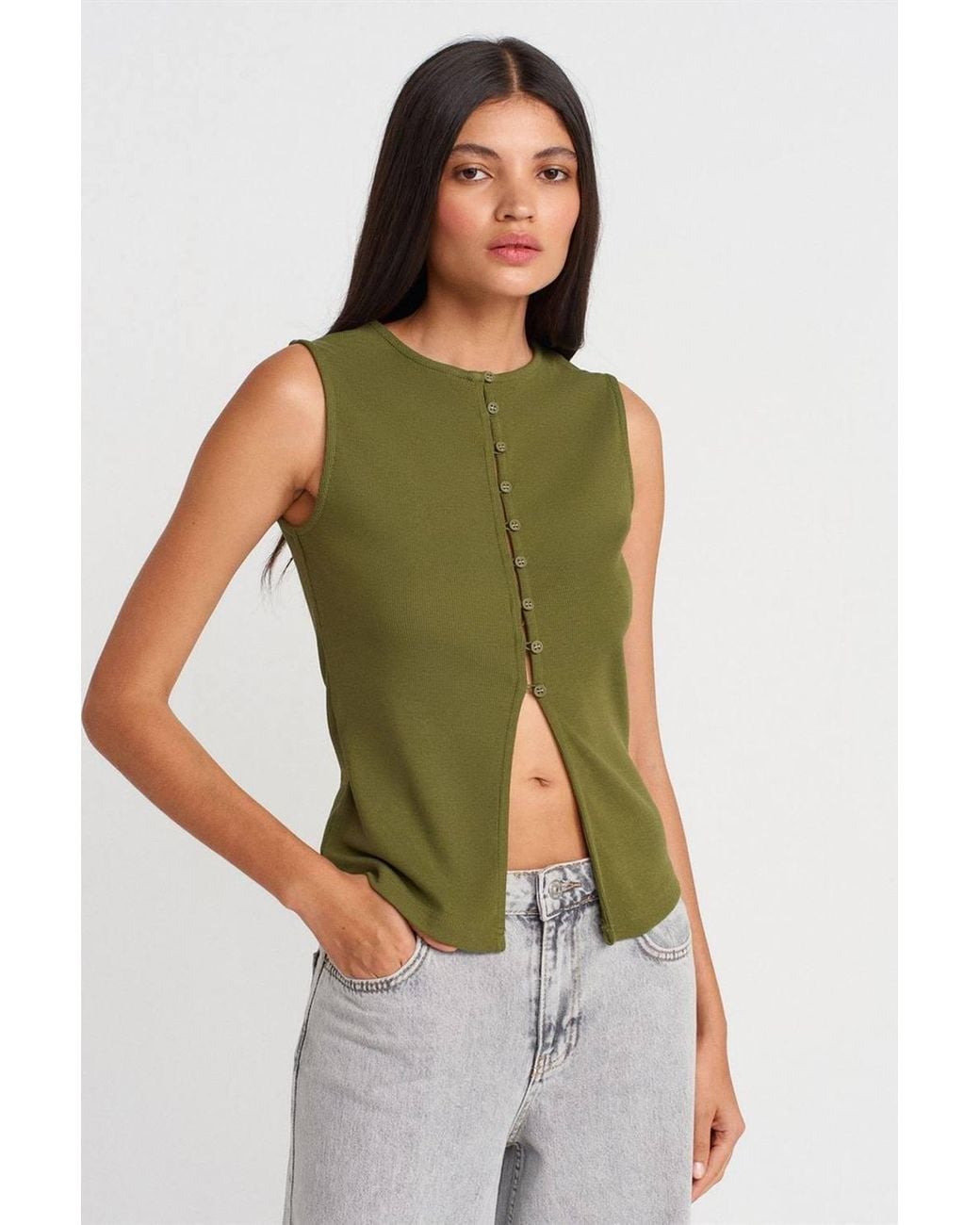 Dilvin Green Ribbed Sleeveless Button-Front Blouse