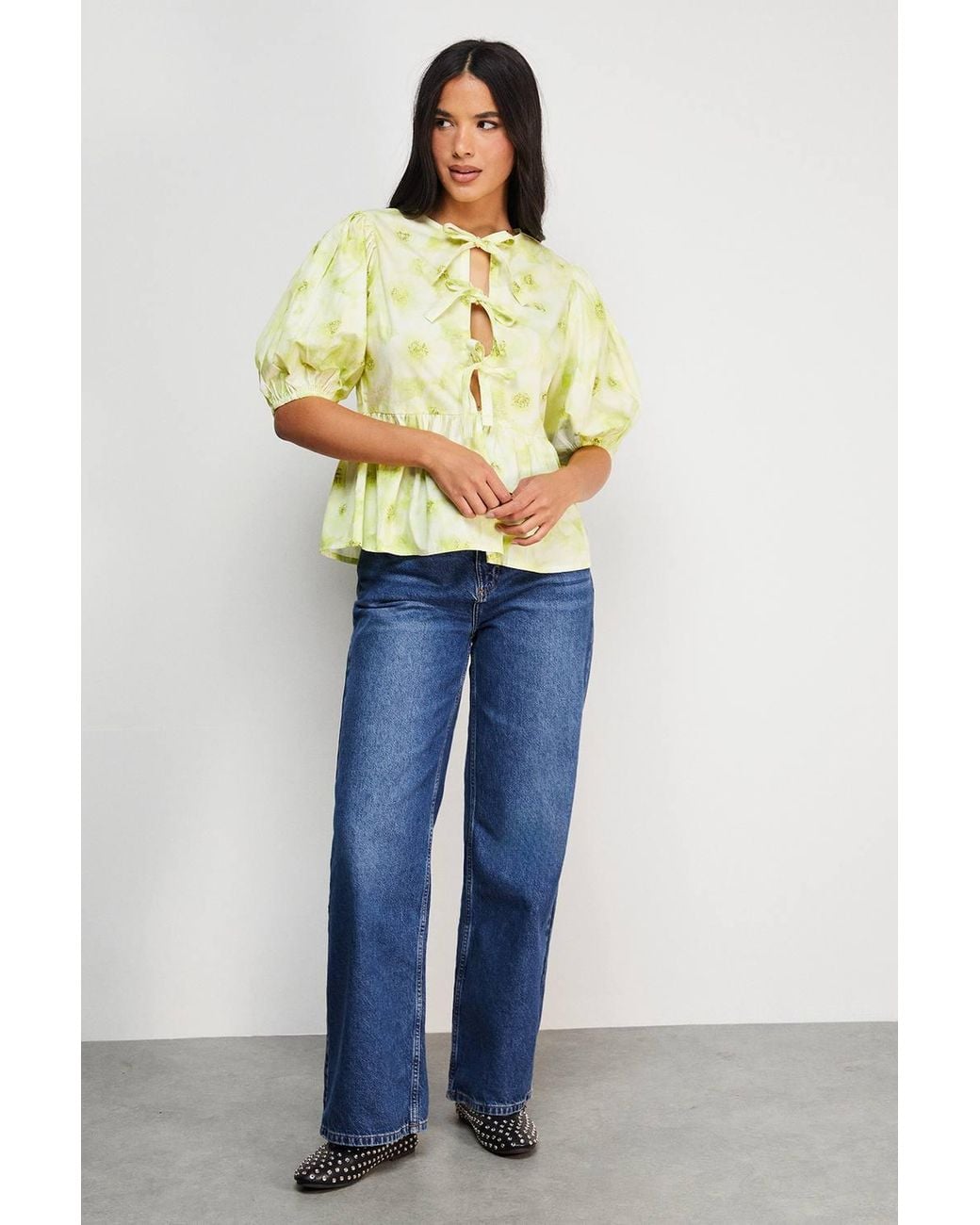Warehouse Green Print Poplin Tie Front Volume Sleeve Blouse