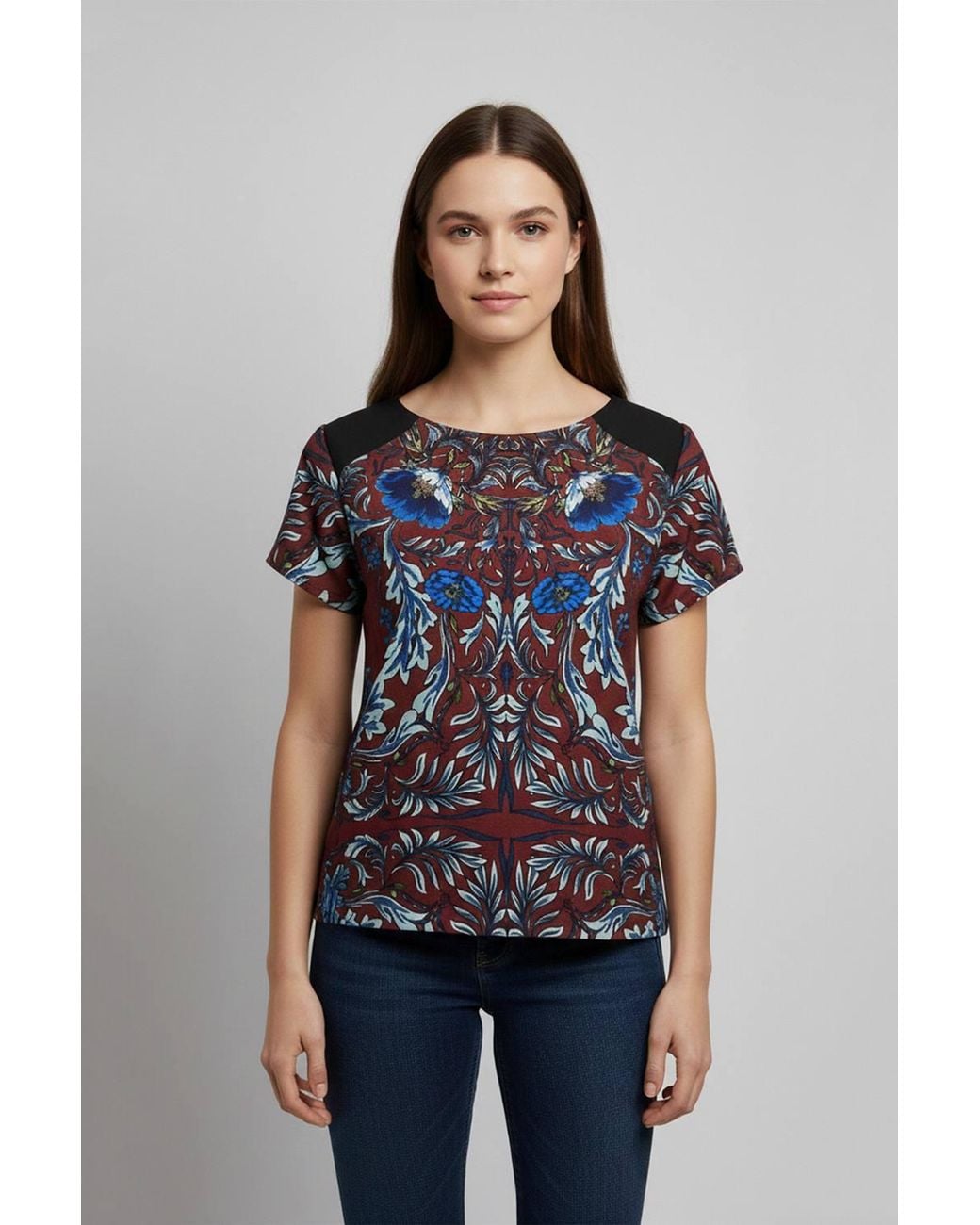 Cutie London Blue Floral Print Short Sleeve Top W/ Contrast Shoulders