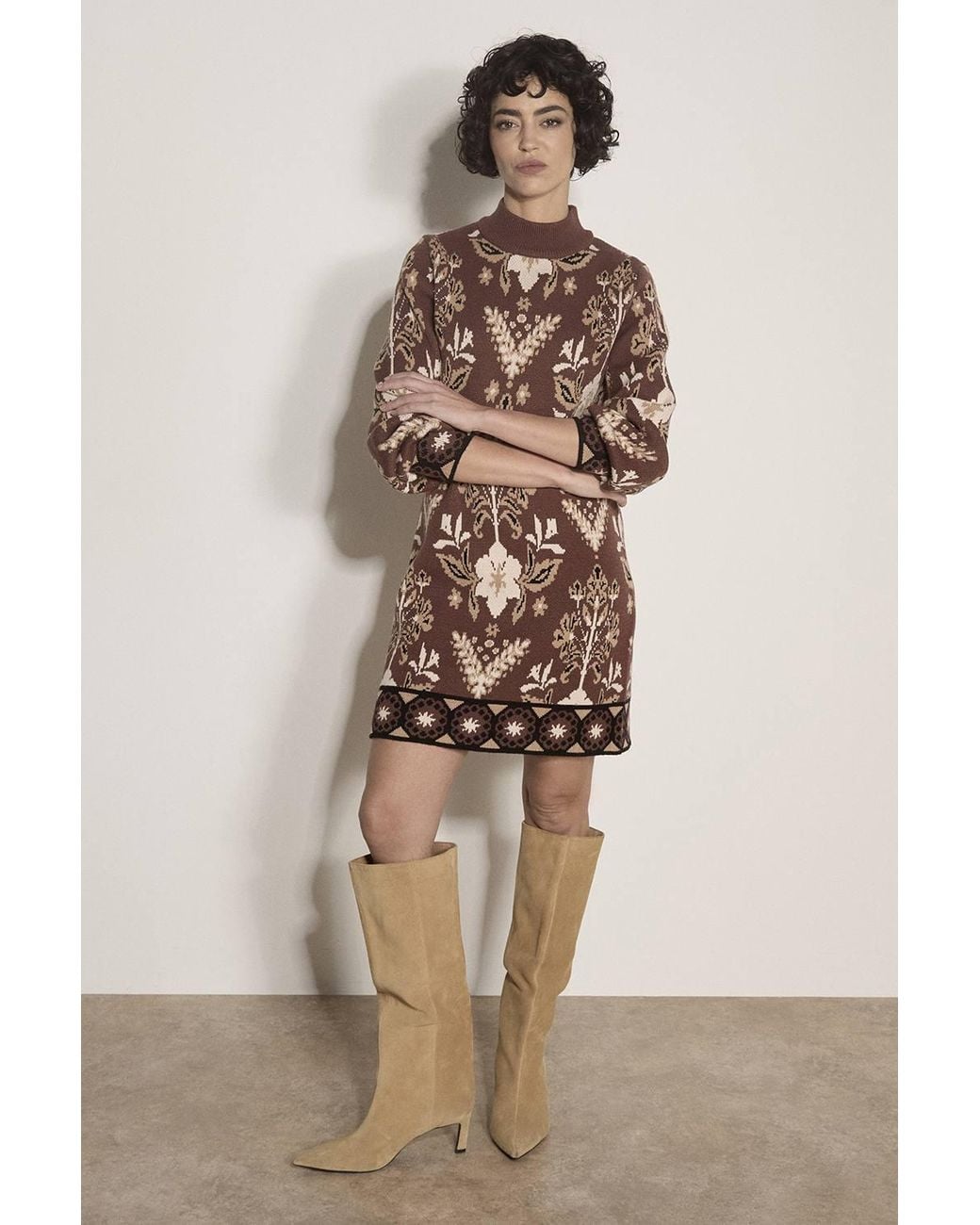 Apricot Brown Folk Floral Mini Jumper Dress