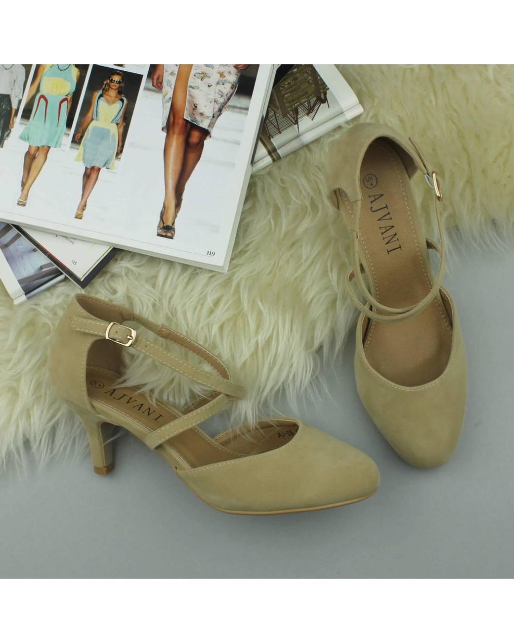 AJVANI Natural Mid Heel Crossed Straps Court Shoes