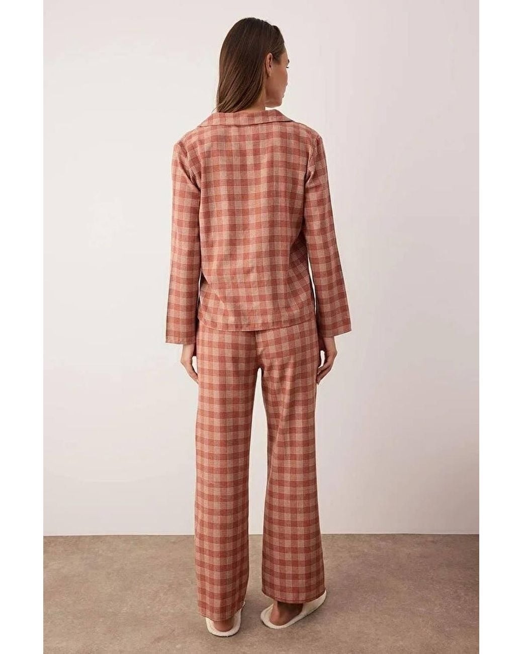 WOVCOR Brown Check Flannel Revere Collar Long Sleeve Cotton Woven Pyjama Set