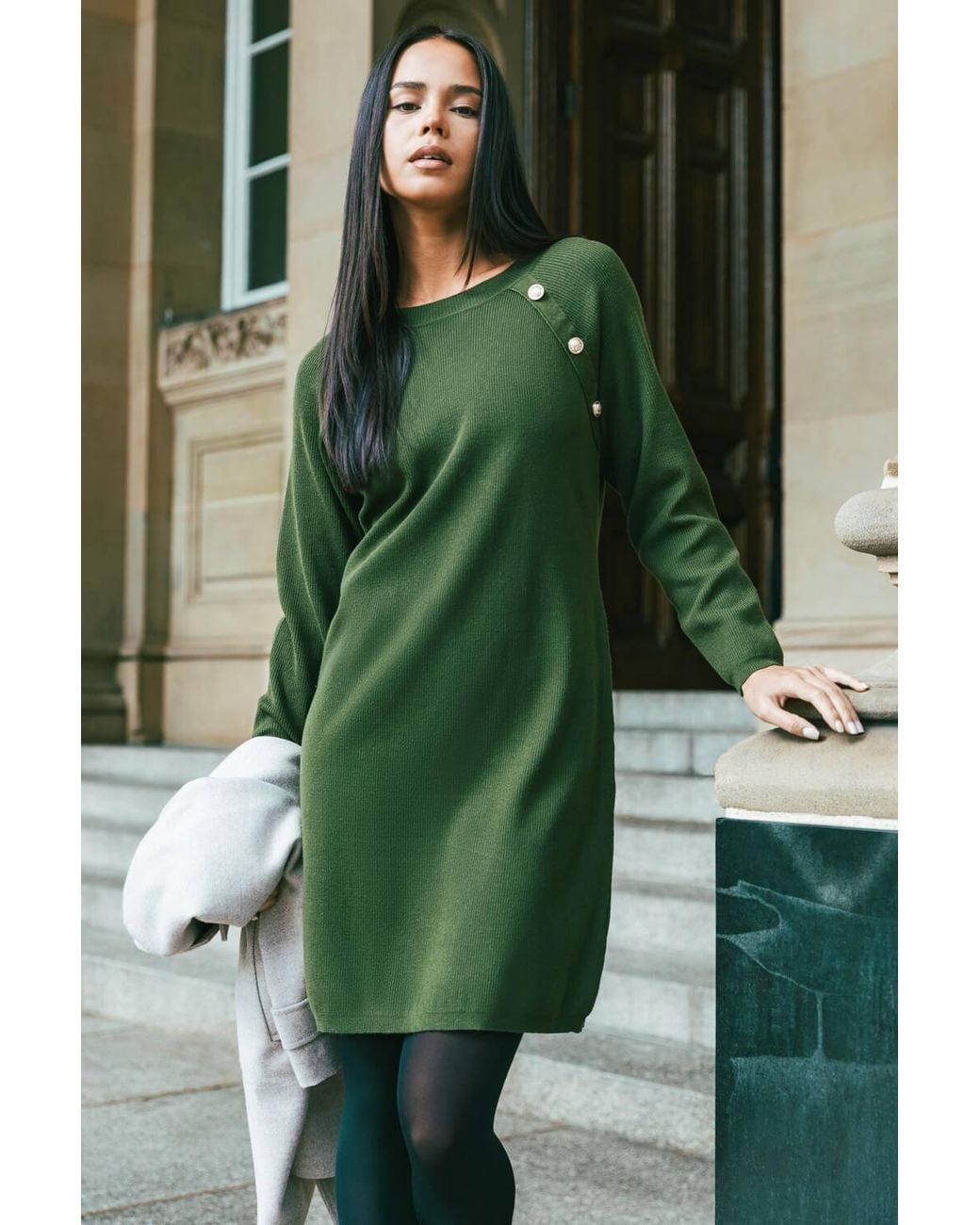 Roman Green Petite Button Detail Knit Dress