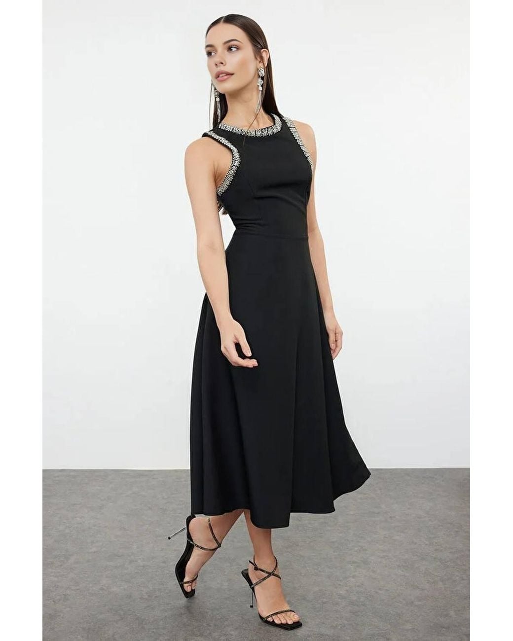 WOVCOR Black Embellished Neck Sleeveless Midi Skater Dress