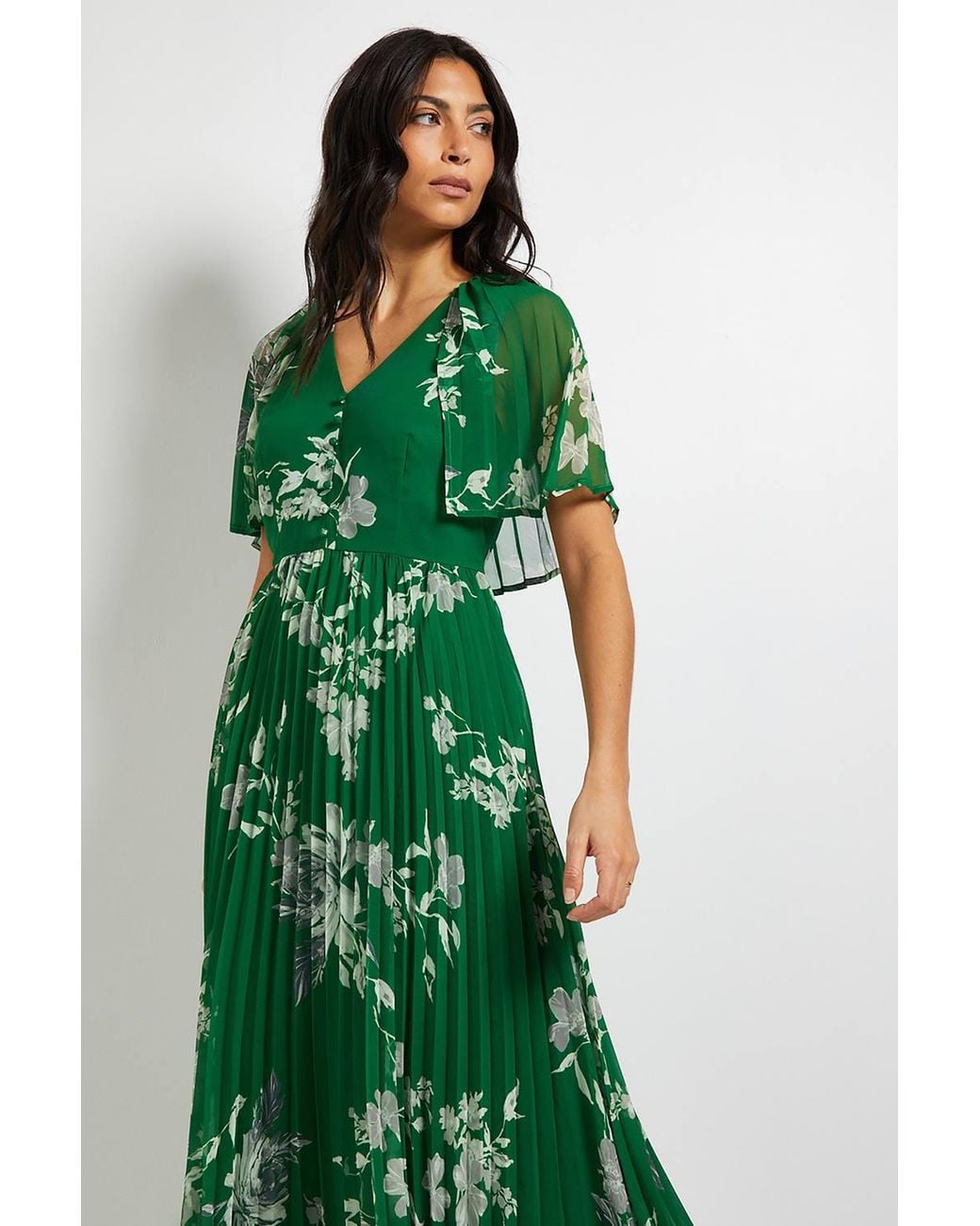 Wallis Green Pleated Cape Sleeve Midi Dress