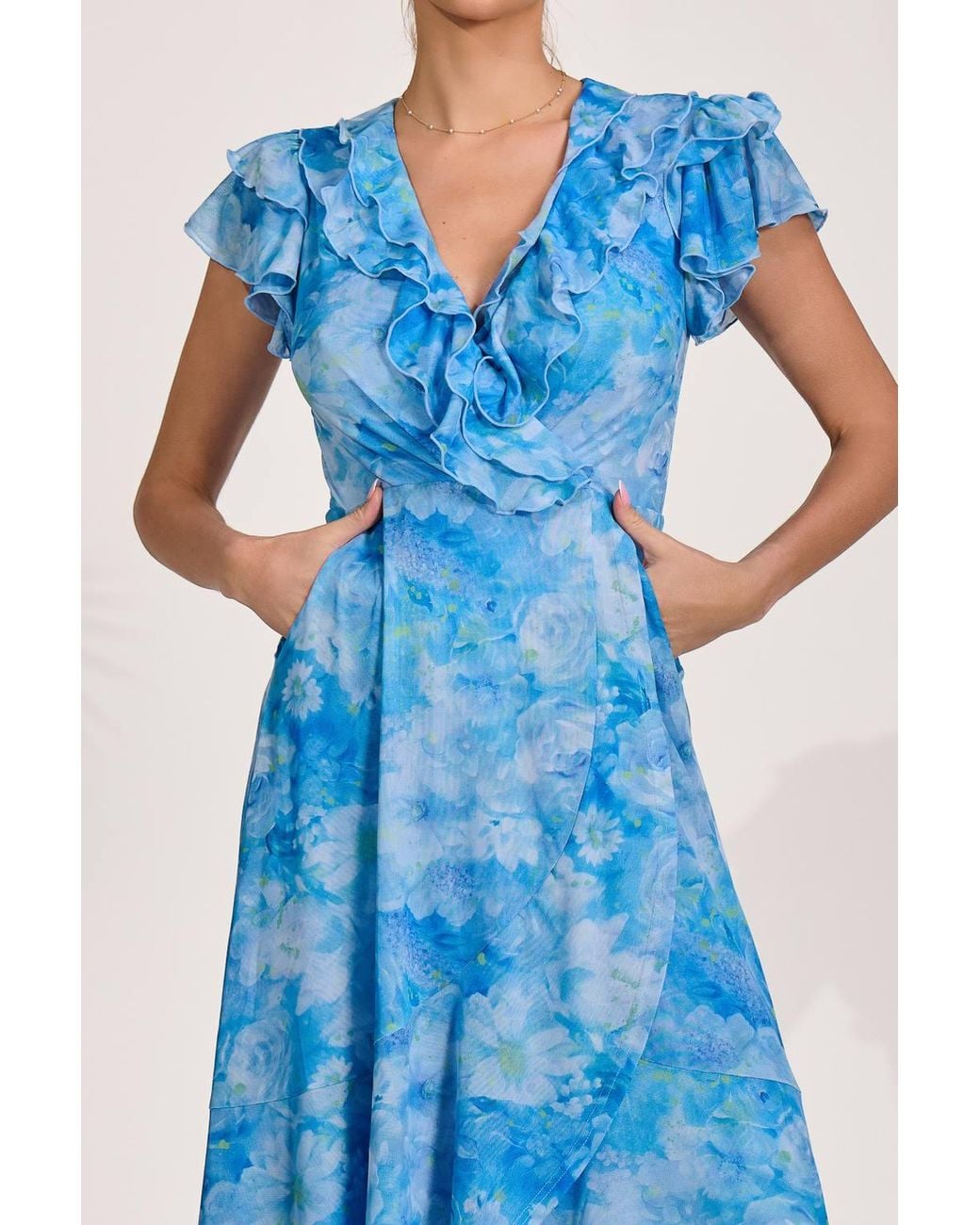 Jolie Moi Blue Ruffled Mesh Maxi Dress