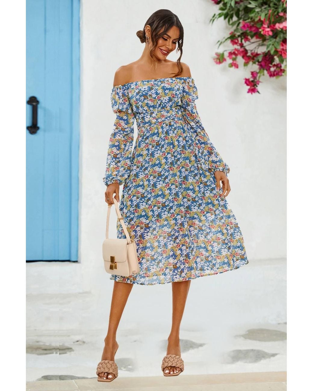 FS Collection Blue Floral Print Long Sleeve Maxi Dress
