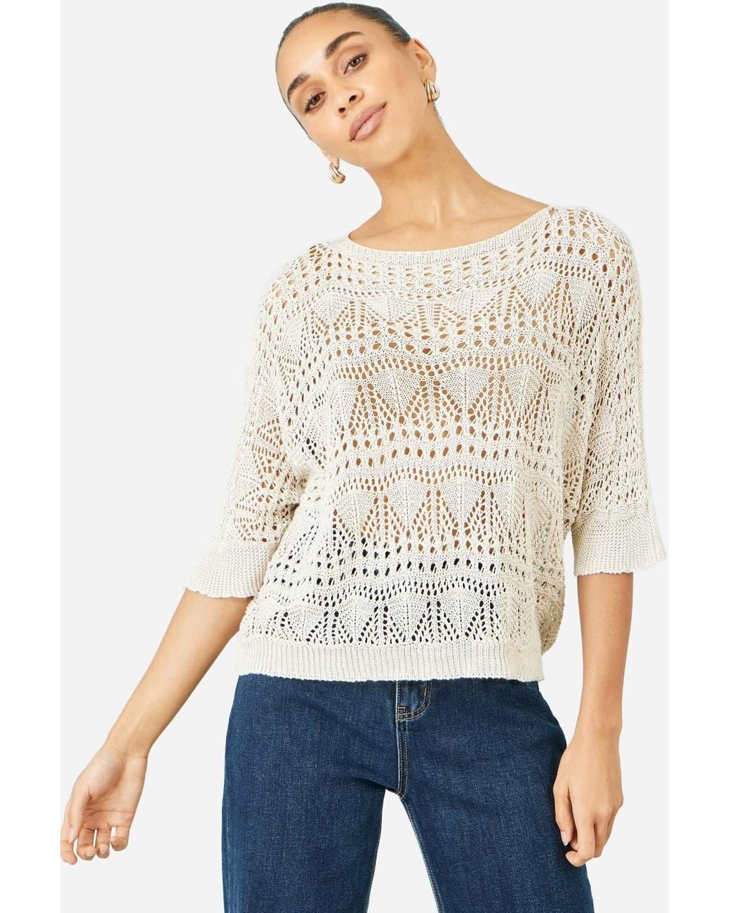 Yumi' White Cotton Mix Relaxed Fit Pointelle Jumper