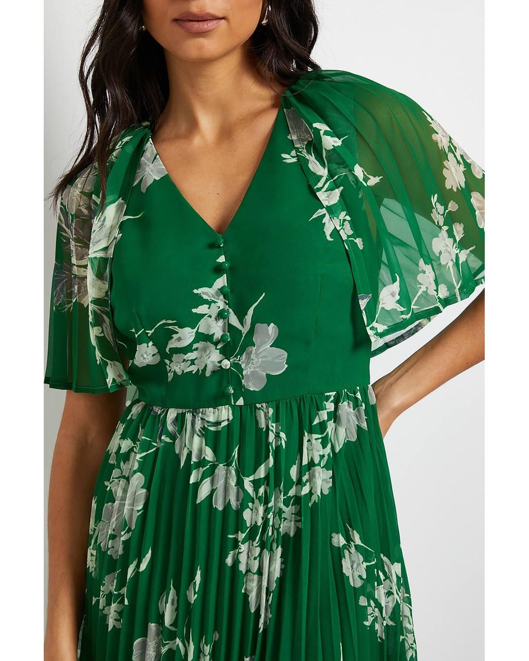 Wallis Green Pleated Cape Sleeve Midi Dress