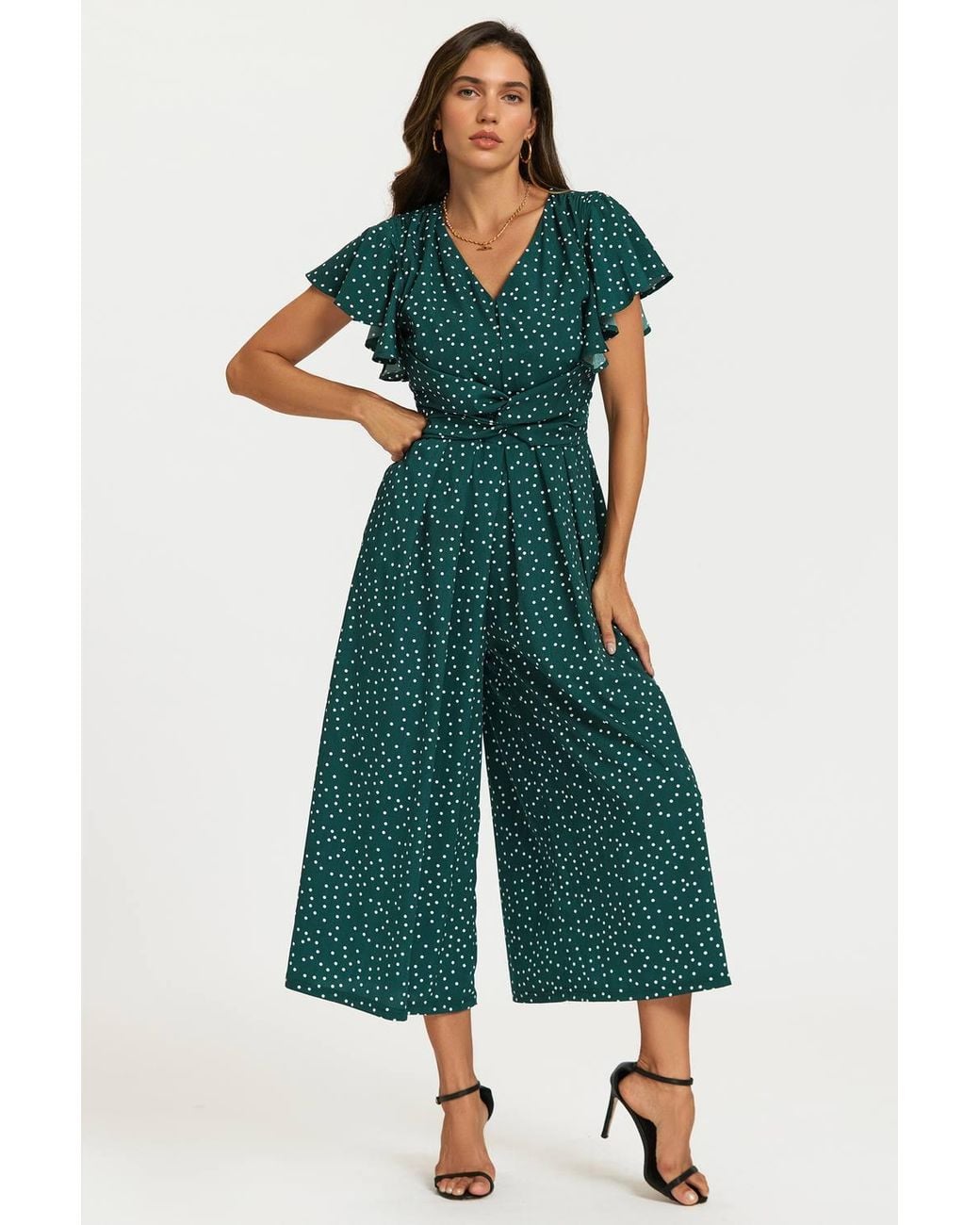 FS Collection Green Polka Dot Angel Sleeve Twist Jumpsuit