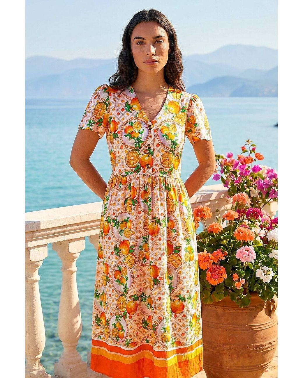 Roman Orange Fruit Print V-Neck Midi Dress