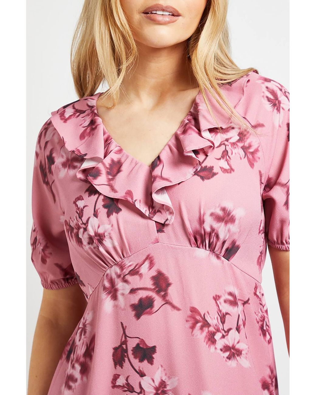 Dorothy Perkins Pink Frill Neck Puff Sleeve Maxi Dress
