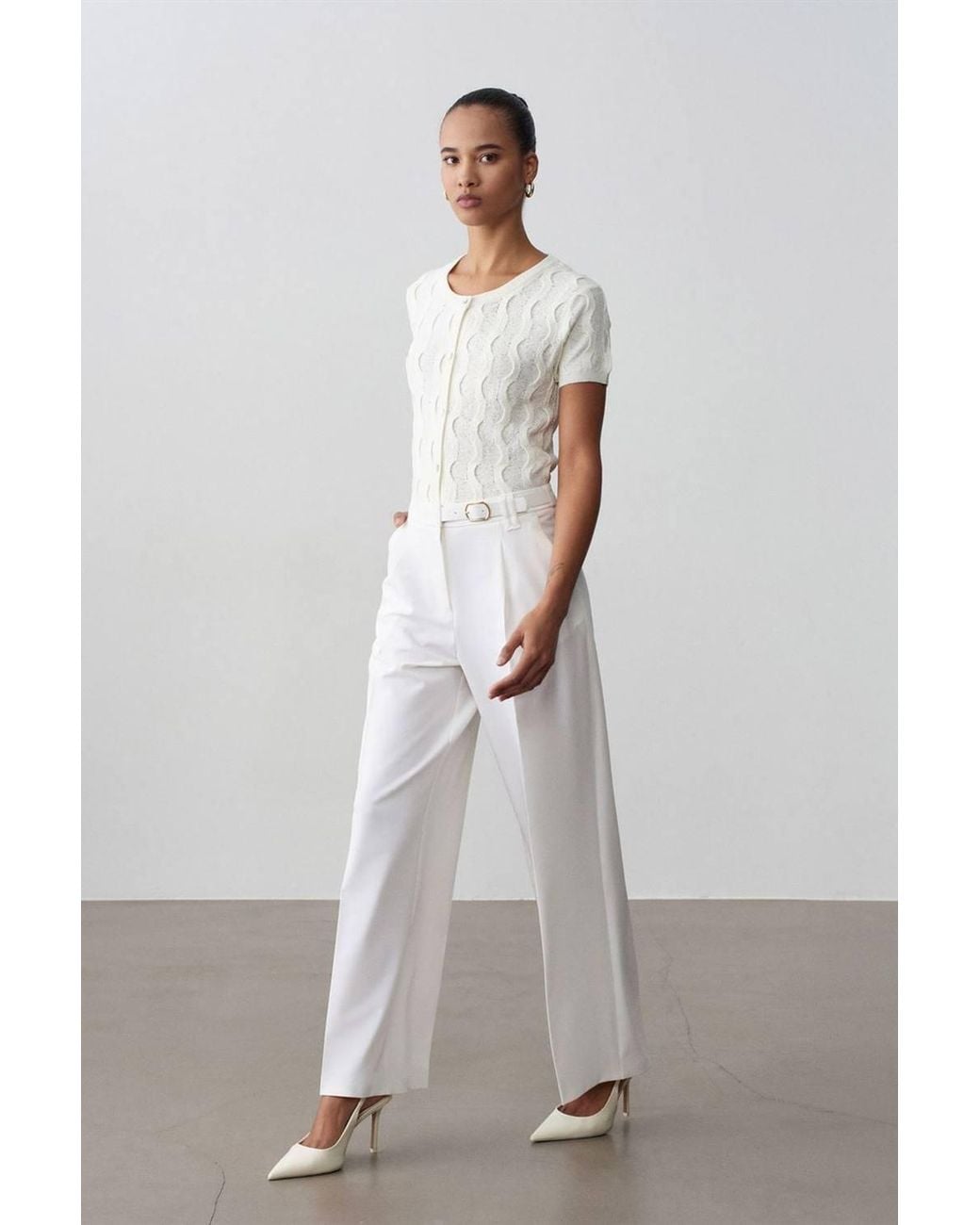 Dilvin Green Wide-Leg Belted Crepe Trousers