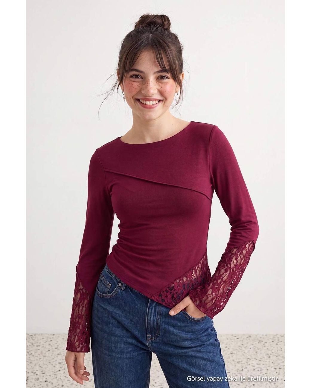 WOVCOR Red Boat Neck Spanish Sleeve Lace Detail Fitted Blouse