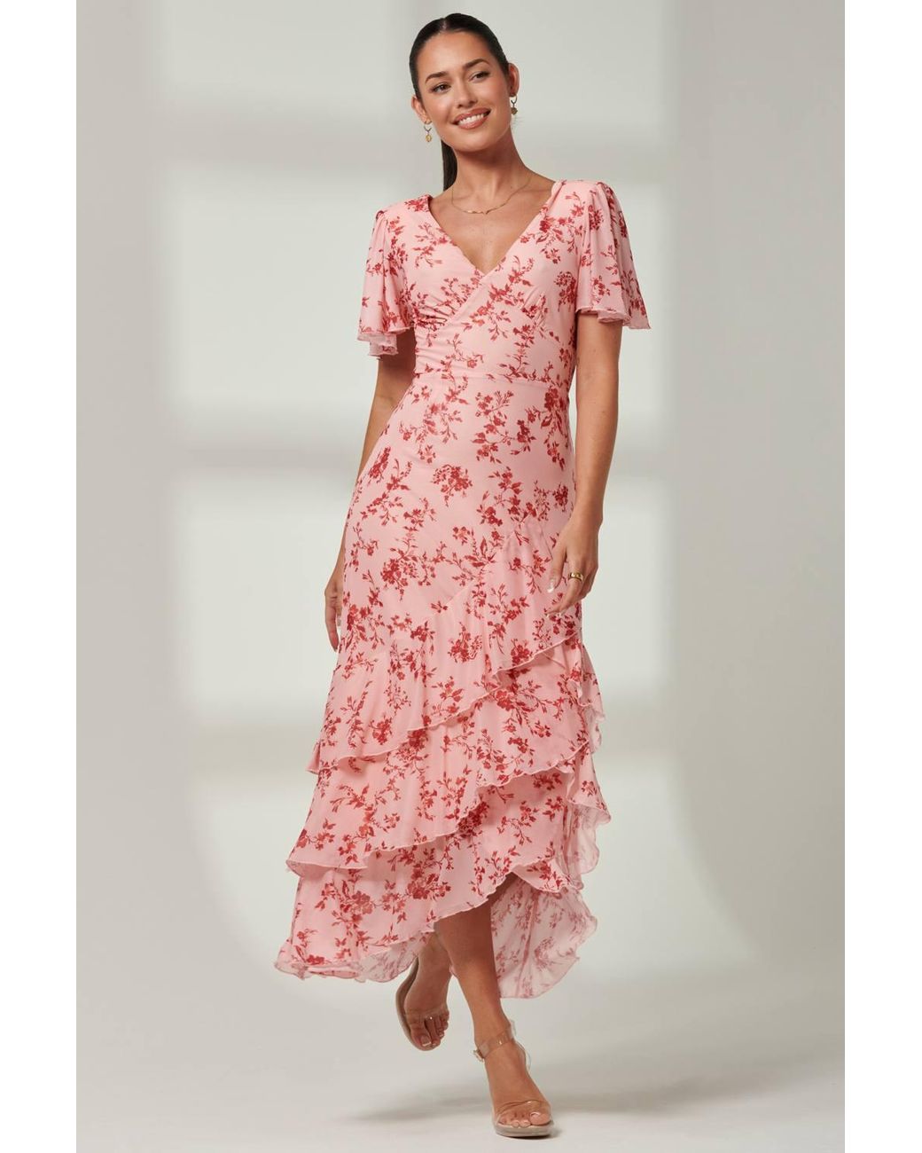 Jolie Moi Pink Daleysa Frill Hem Mesh Maxi Dress