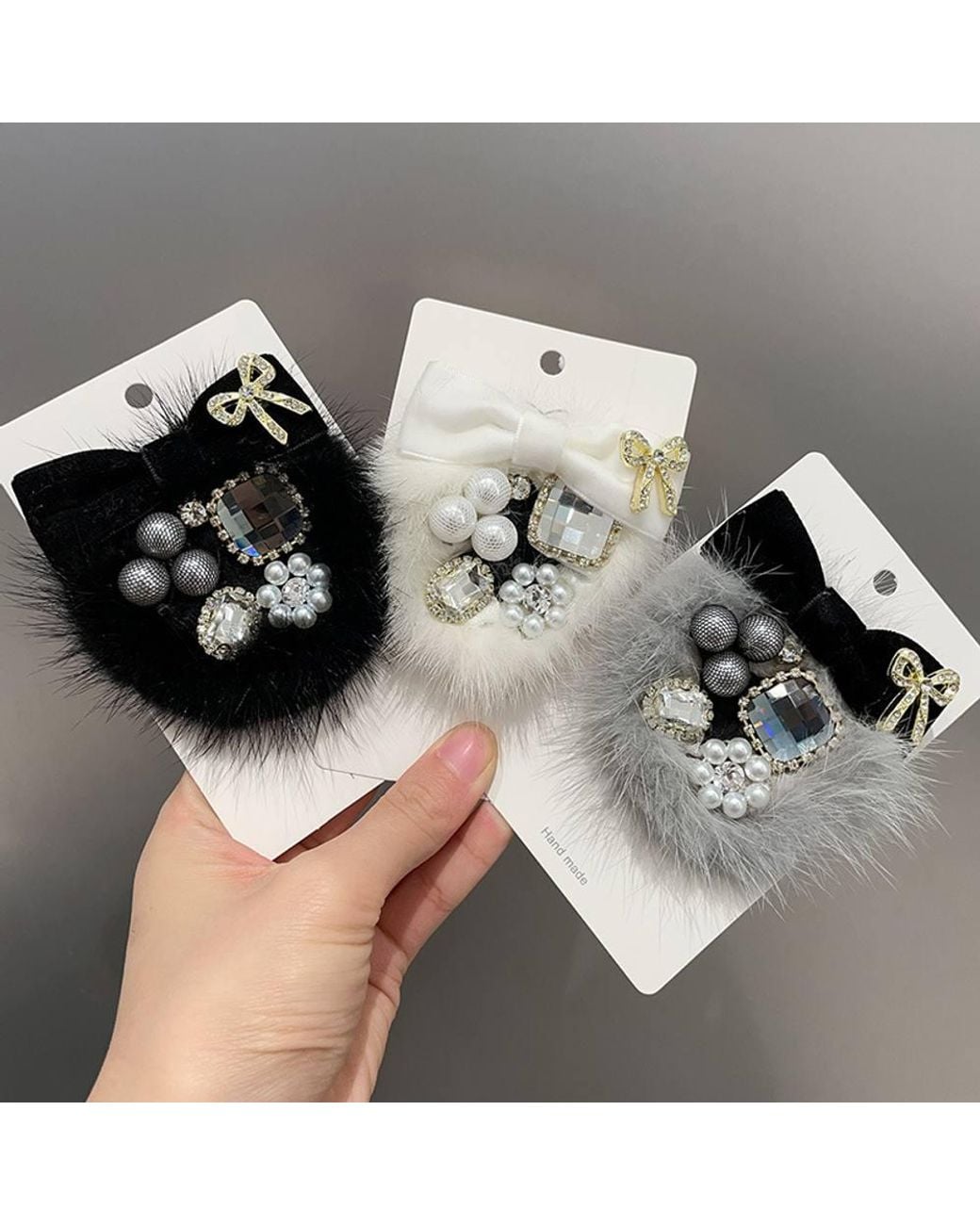 Peach Accessories Black Faux Fur Brooch W/ Velvet Bow & Gems
