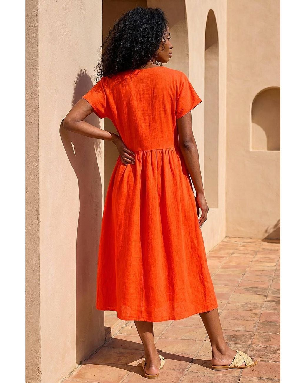 Roman Orange Linen Look Button Midi Dress