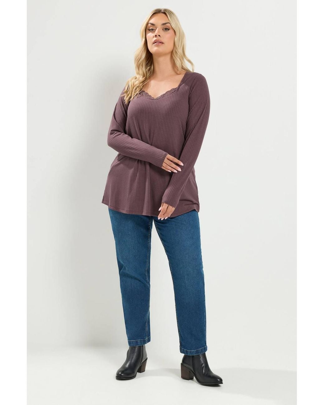 Yours Purple Lace Insert Ribbed Top