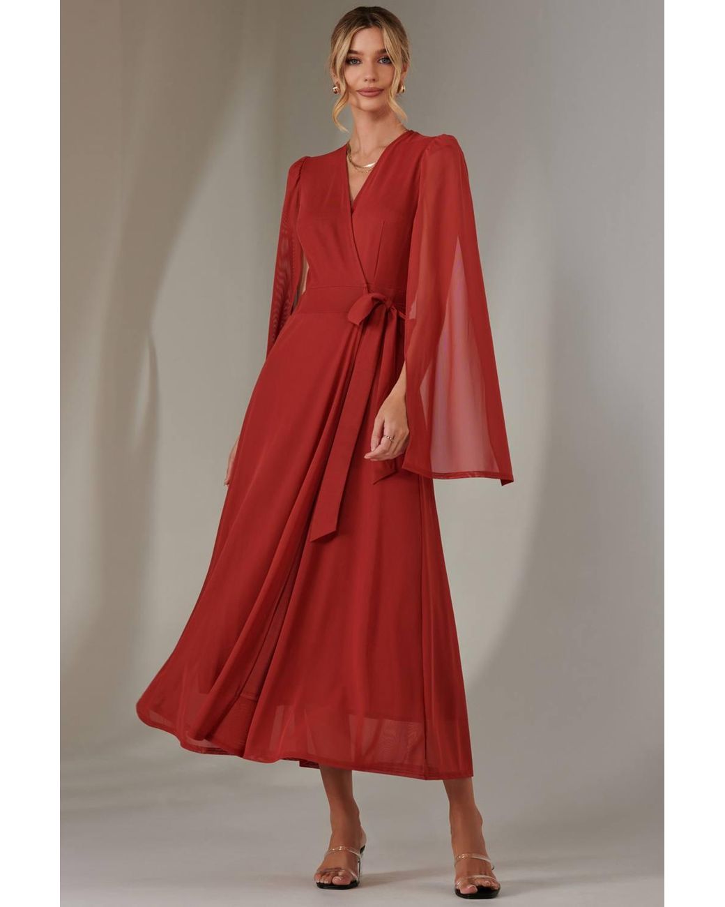Jolie Moi Red Cape Sleeve Wrap Maxi Dress