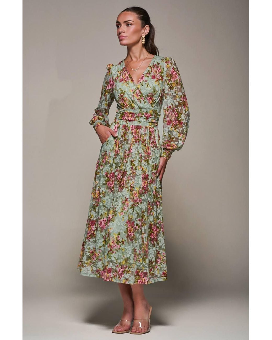 Jolie Moi Green Long Sleeve Printed Lace Maxi Dress