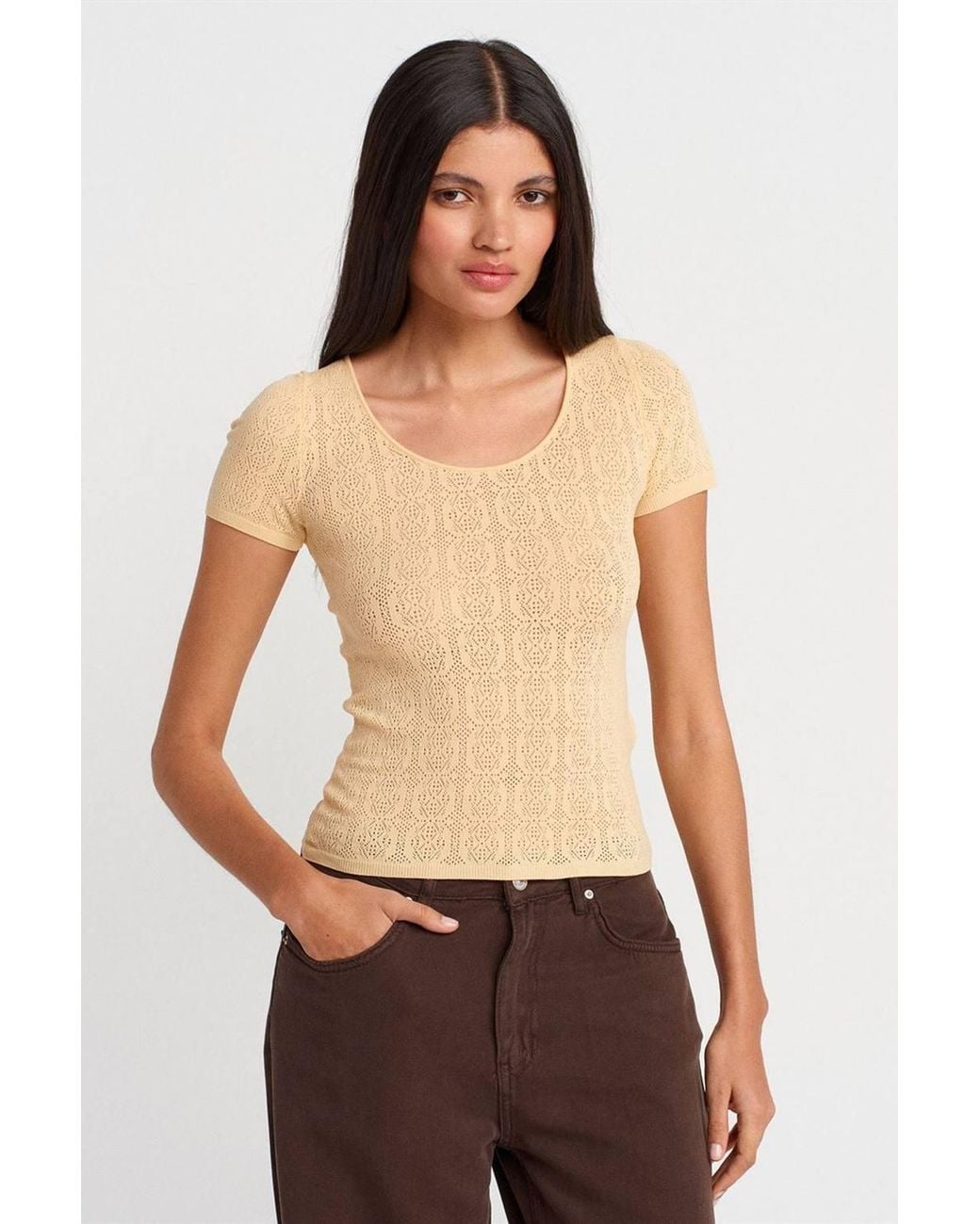 Dilvin Yellow Slim Fit Ribbed Textured Blouse