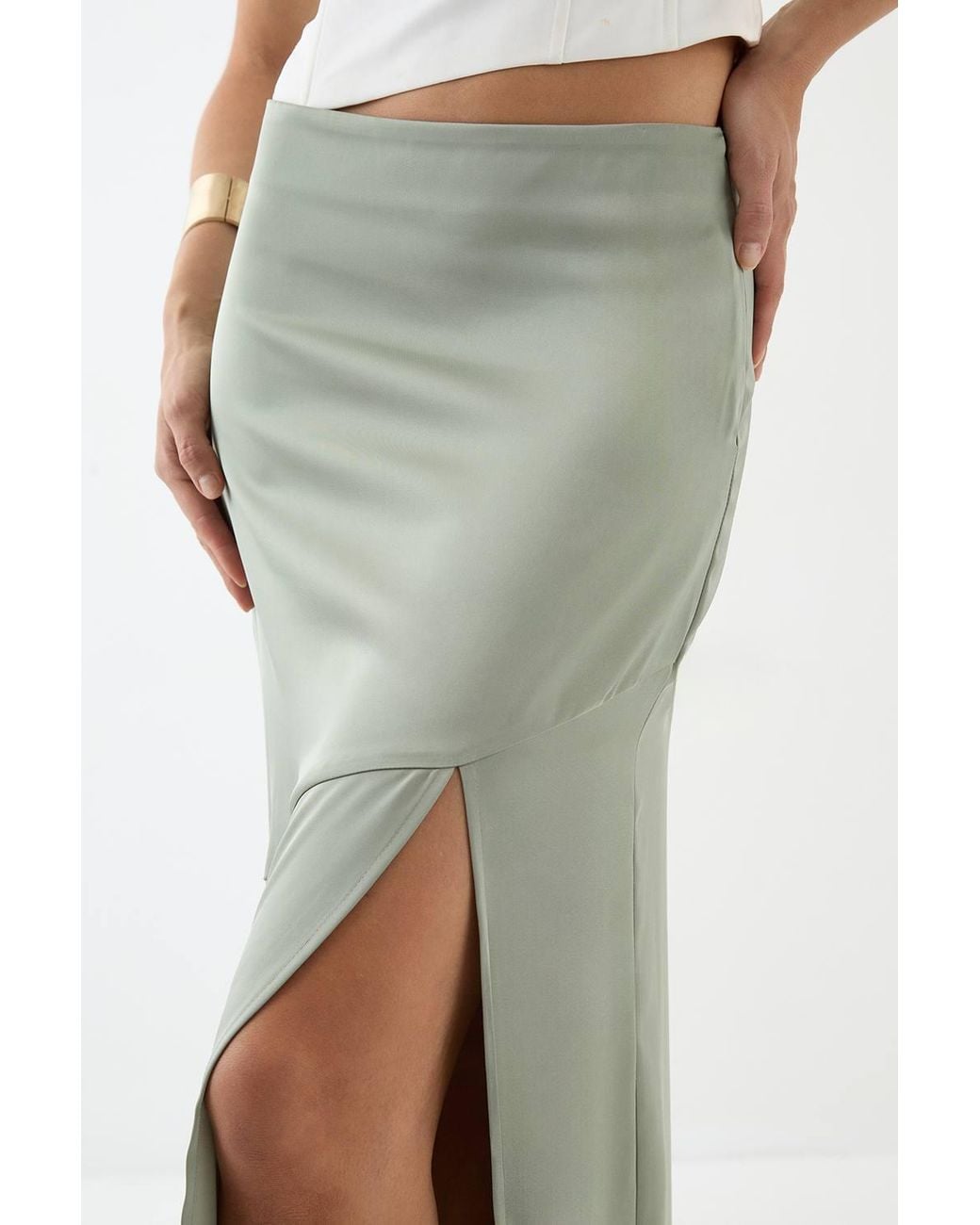 MissPap Green Satin High Waist Maxi Skirt