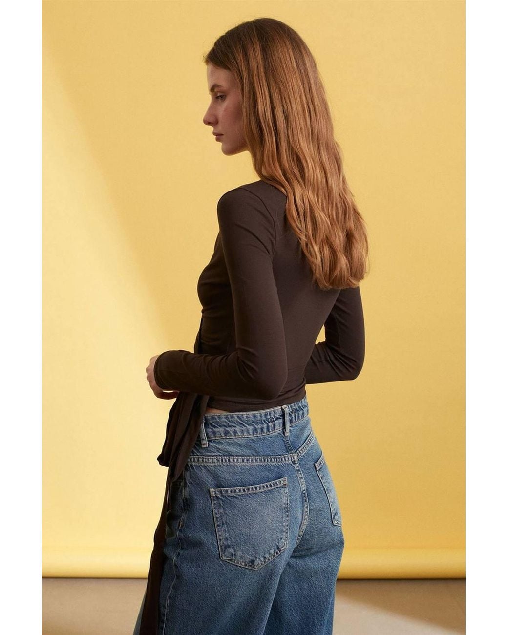 Dilvin Blue Crop Wrap Blouse With Tie Detail