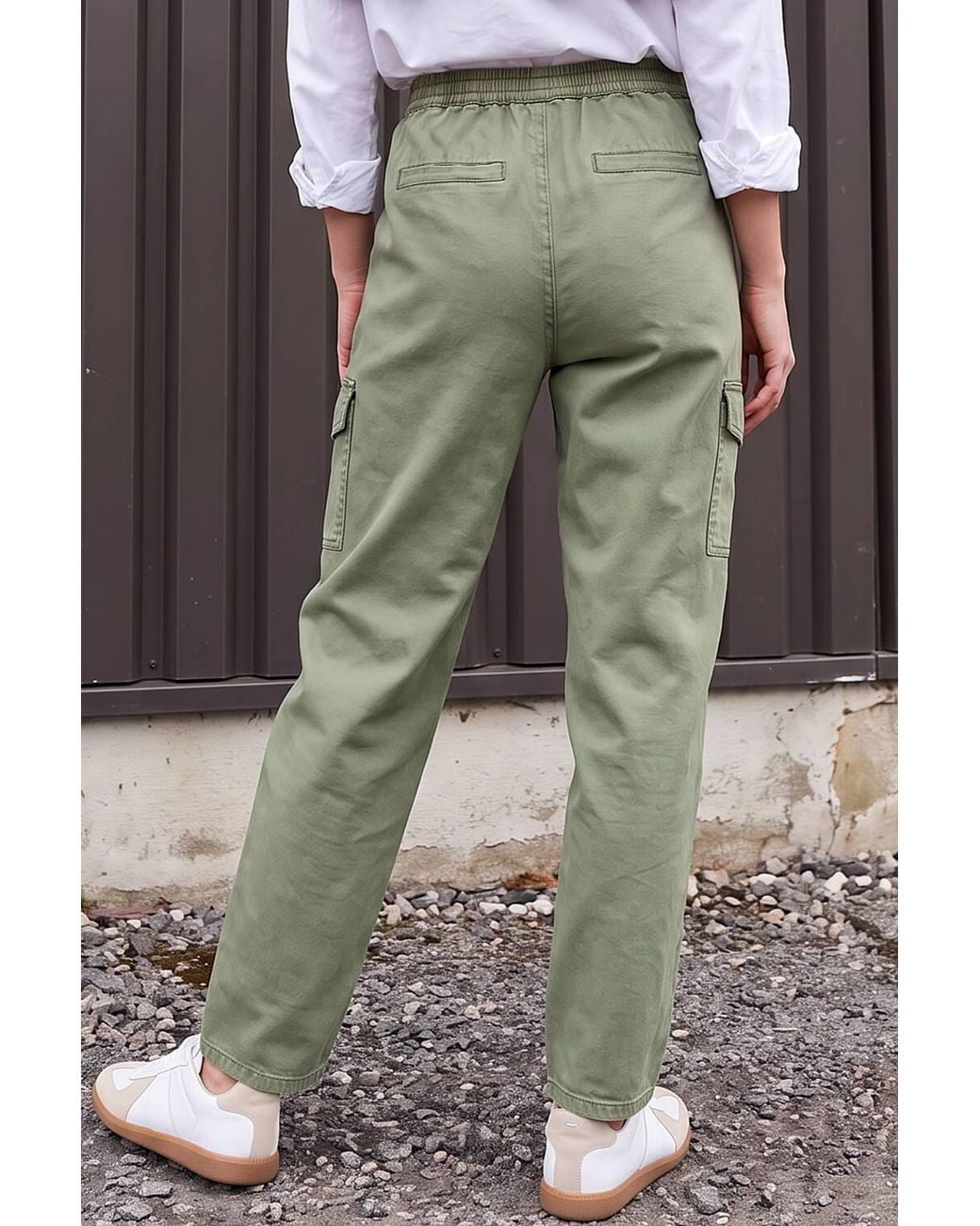 Roman Green Casual Elastic Waist Cargo Stretch Trousers