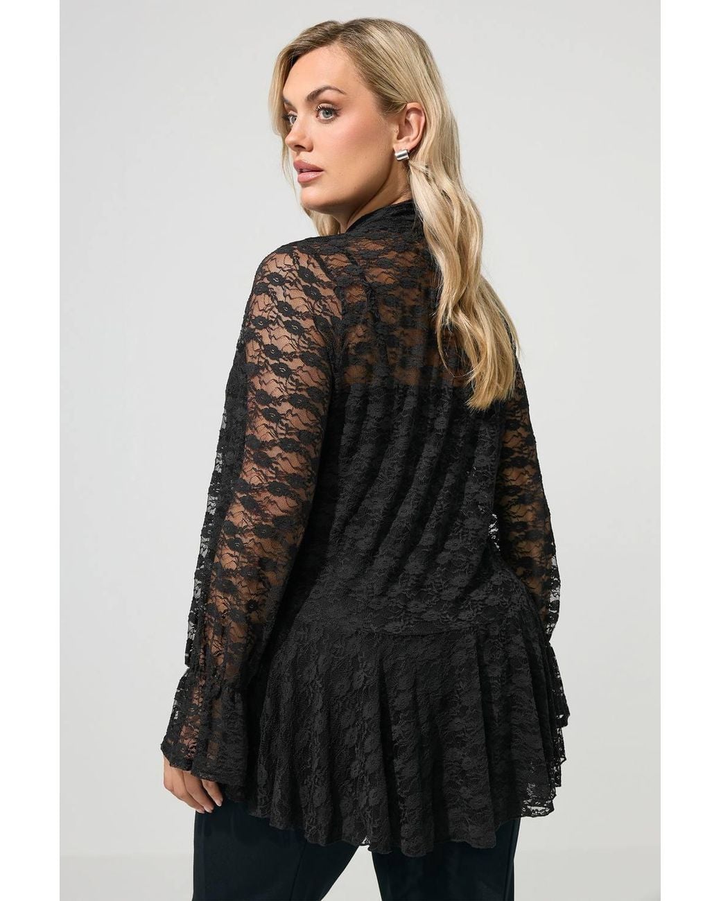 Yours Black Flared Lace Peplum Tie Neck Blouse