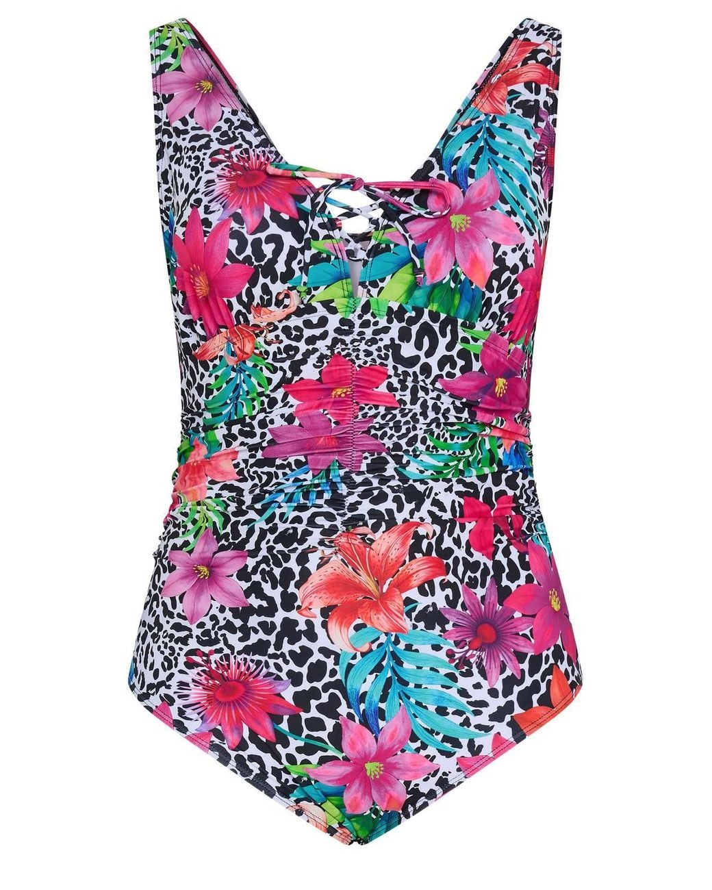Yours Red Leopard Floral Lace Up Swimsuit