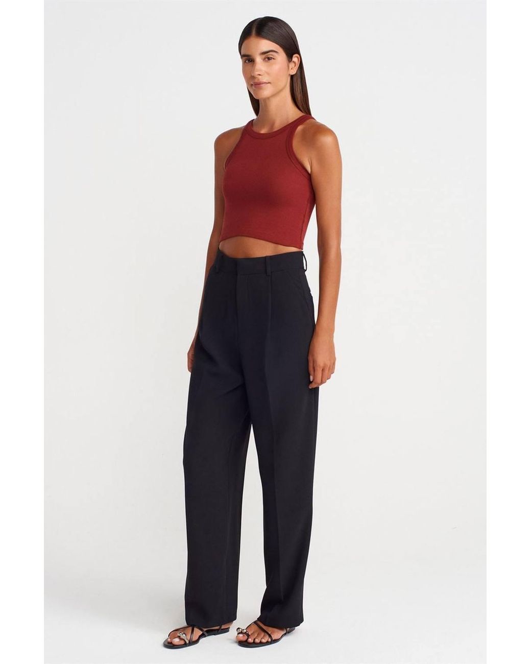 Dilvin Red Ribbed Cotton-Blend Sleeveless Crop Top