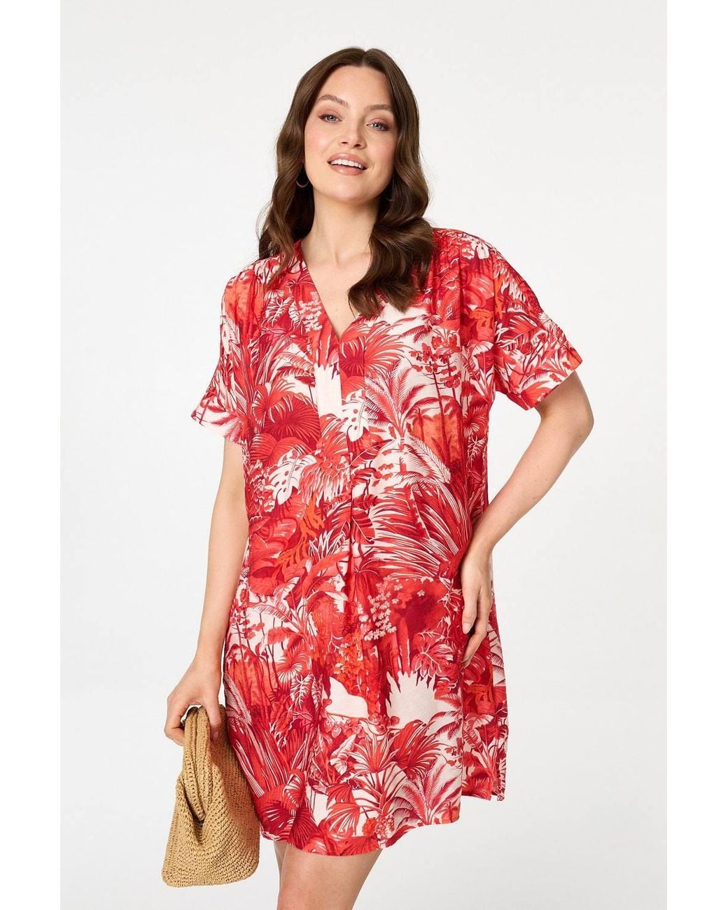 Izabel London Red Tropical Print Short Sleeve Shift Dress