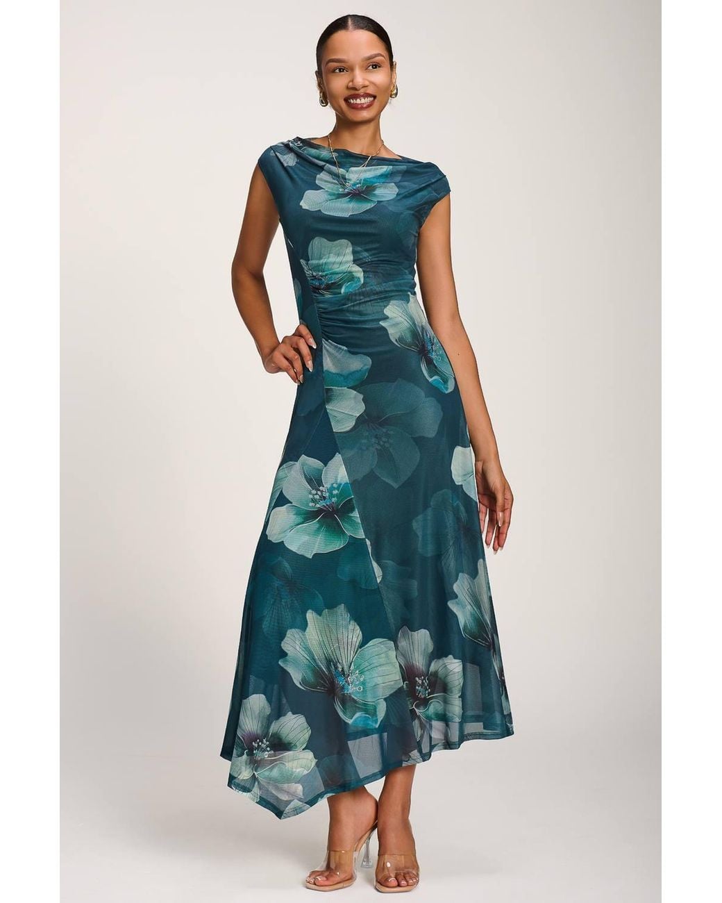 Jolie Moi Blue Asymmetric Draped Mesh Maxi Dress