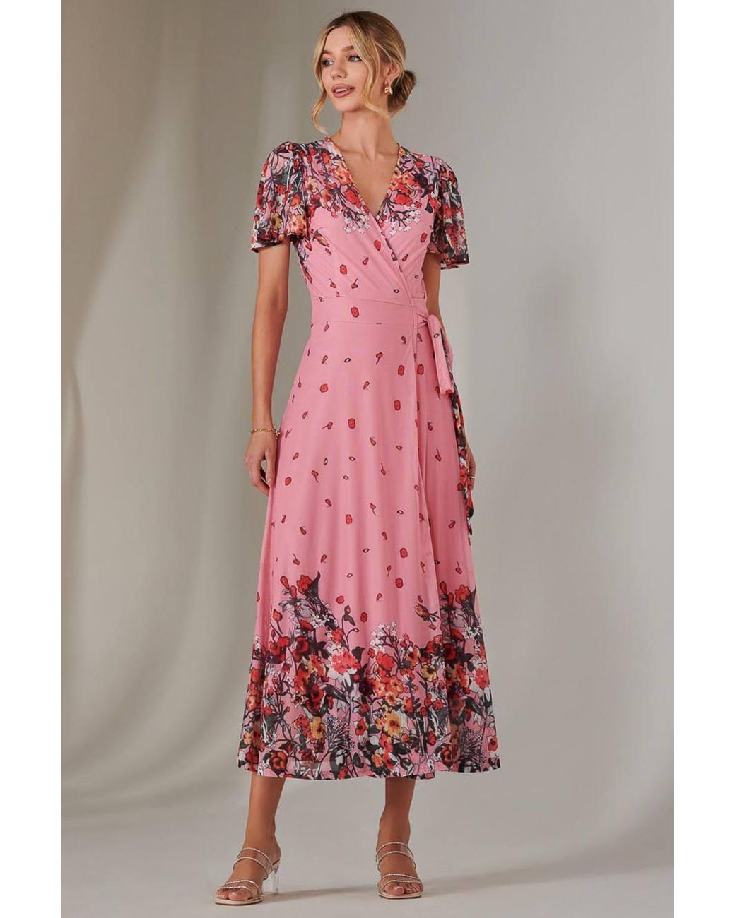 Jolie Moi Pink Mirror Print Mesh Wrap Maxi Dress