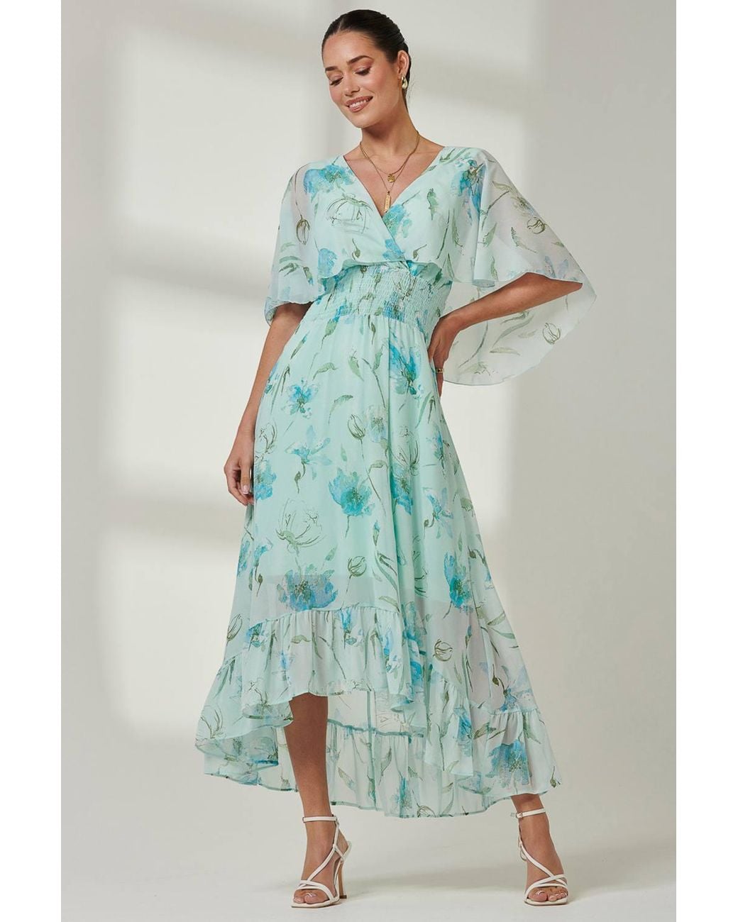 Jolie Moi Green Frill V-Neck Chiffon Maxi Dress