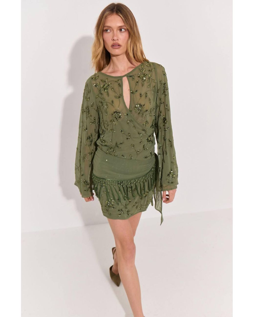 Warehouse Green Premium Embellished Tassle Detail Mini Dress