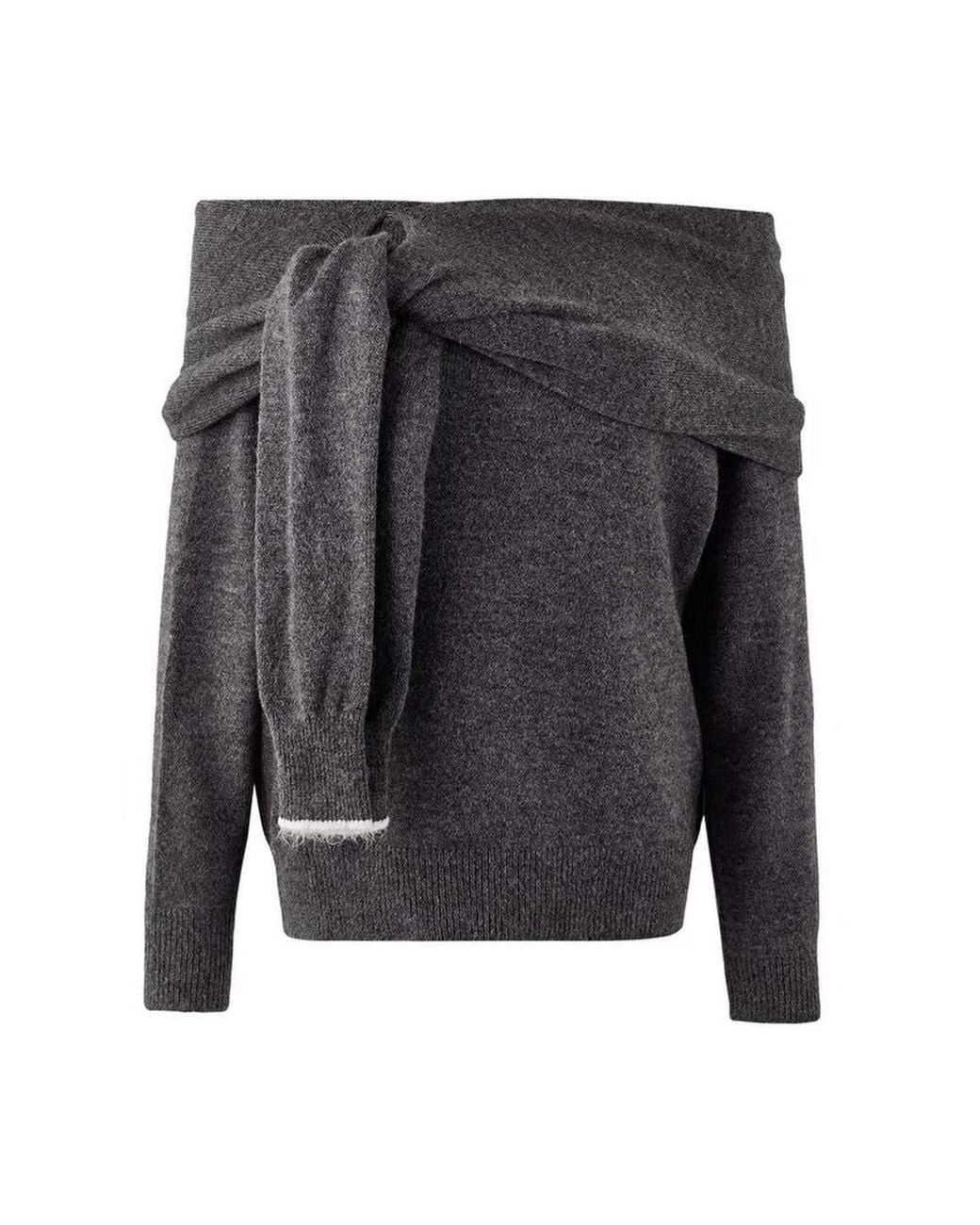 WOVCOR Gray Soft Textured Madonna Neck Tie-Up Knit Sweater