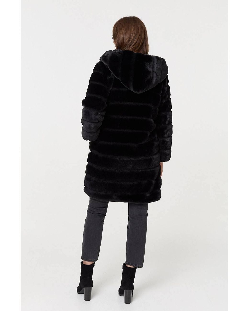 Izabel London Black Faux Fur Thigh Length Hooded Jacket