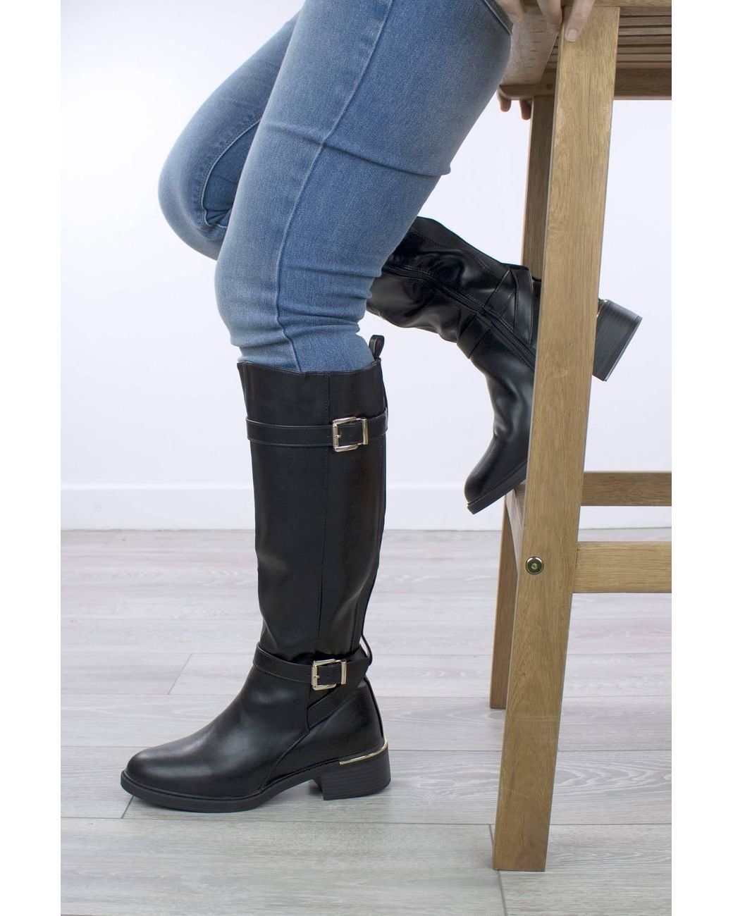 AJVANI Blue Buckle Knee High Riding Biker Boots