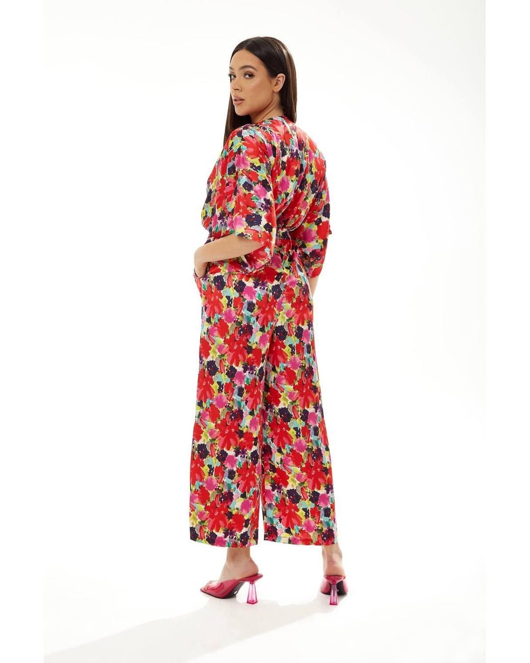 Liquorish Red Floral Jumpsuit W/ Short Sleeves
