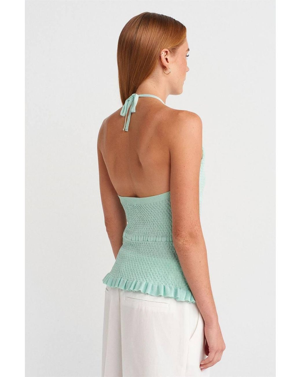 Dilvin Green Slim Fit Halter-Neck Knit Blouse