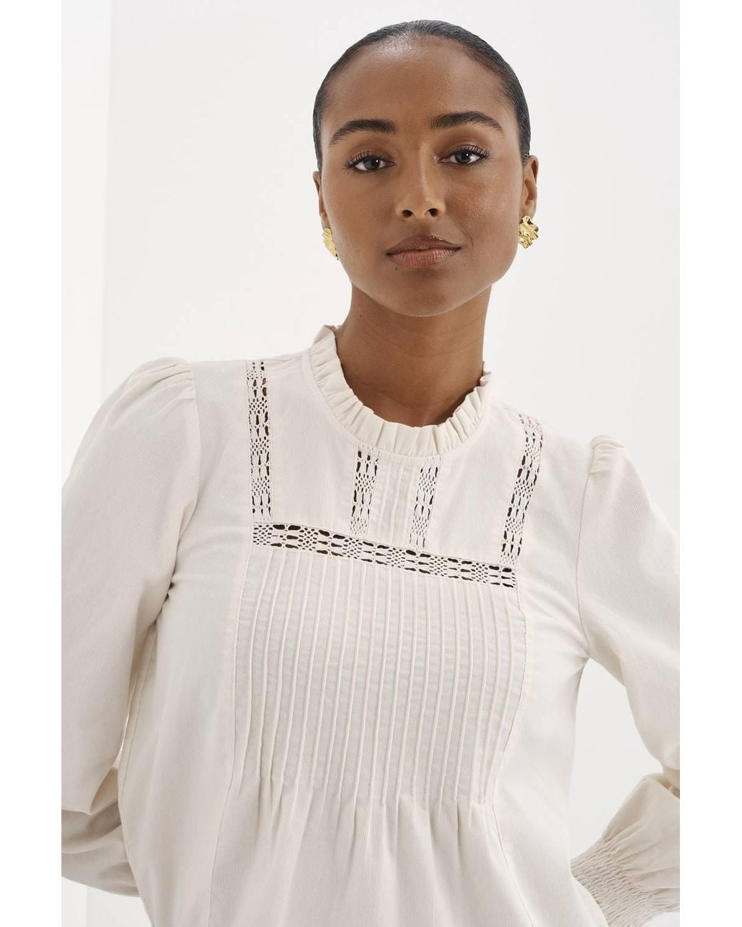 Finery London Natural Alicia Corduroy Long Sleeve Top