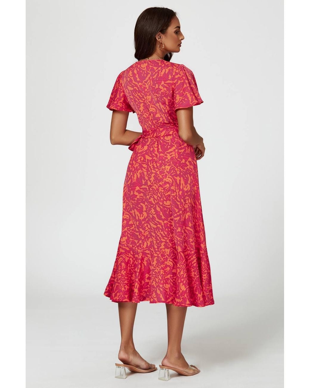 FS Collection Red Abstract Print Midi Wrap Dress