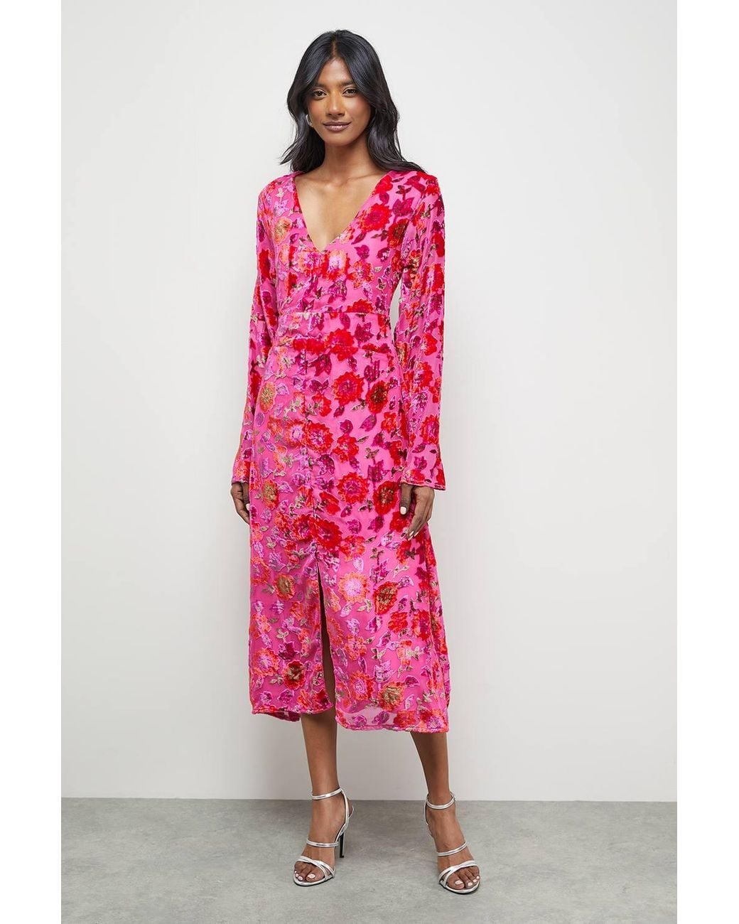 Warehouse Pink Devore Plunge Neck Waisted Midi Dress