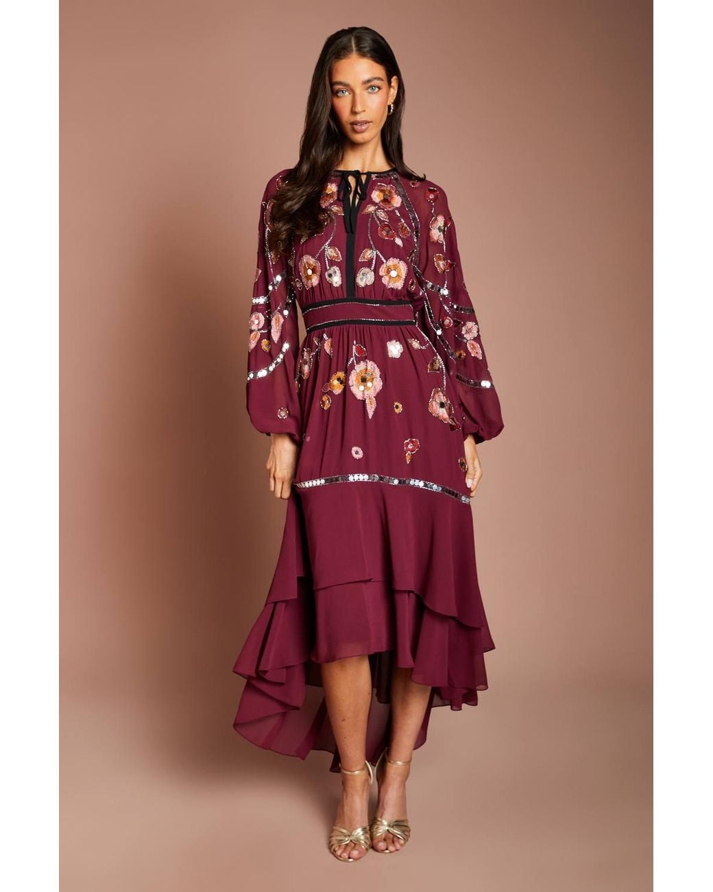 Coast Red Embellished Long Sleeve Midi Dress