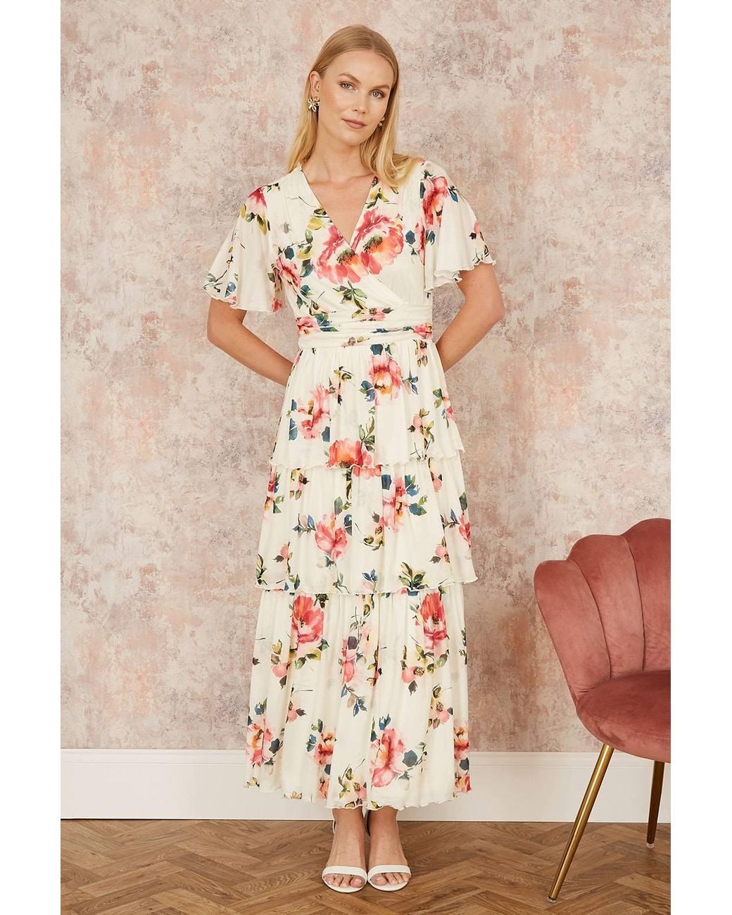 Yumi' Natural Floral Mesh Tiered Maxi Dress